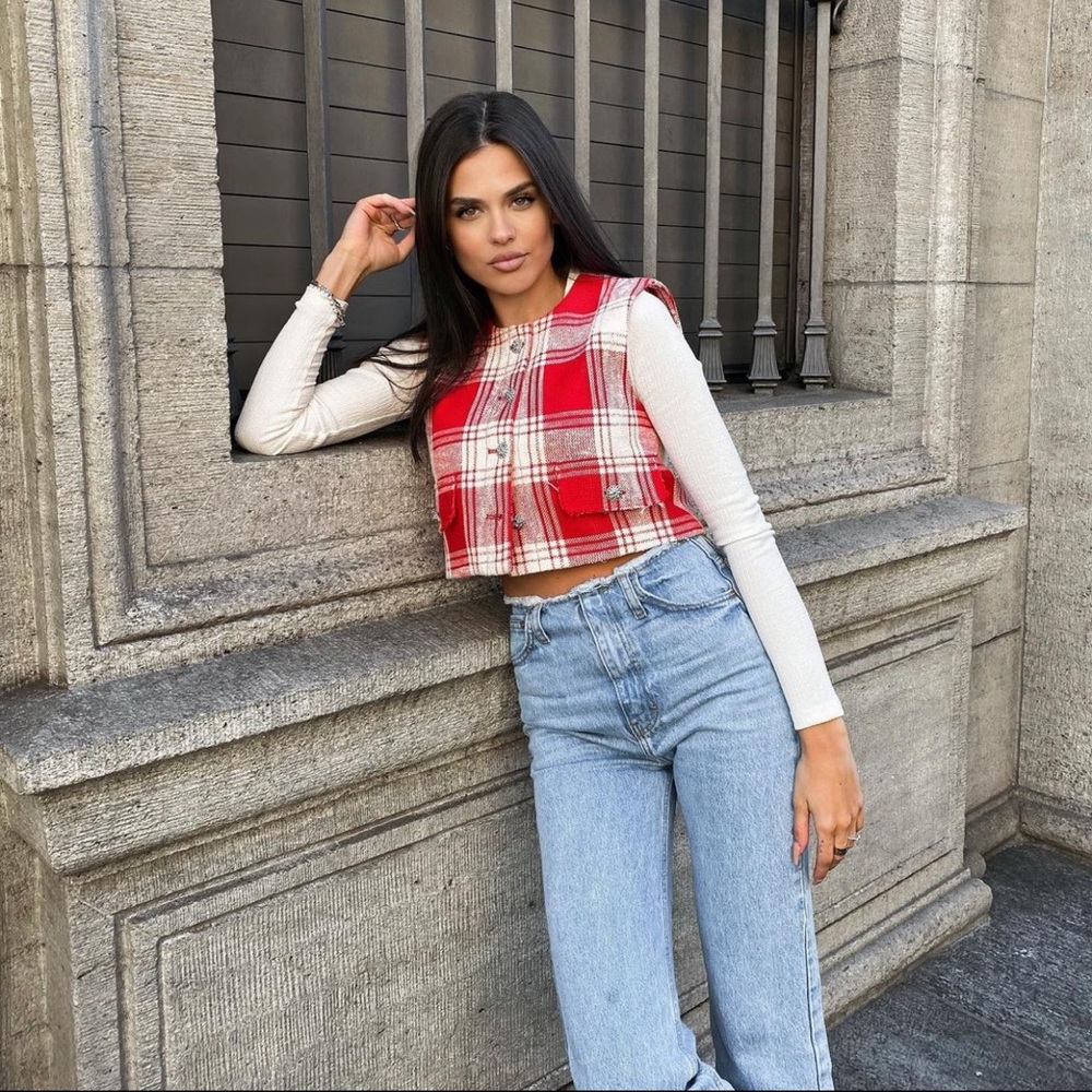 Zara 2 Piece Texture Plaid Vest with Gem Button Detail & Mini Skirt Co Ord Set